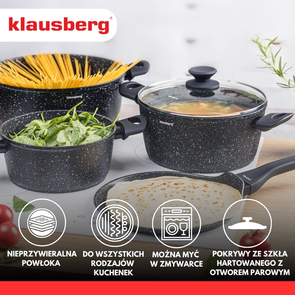 Puodai su marmurine nelimpančia danga, 7 vnt. rinkinys, Klausberg