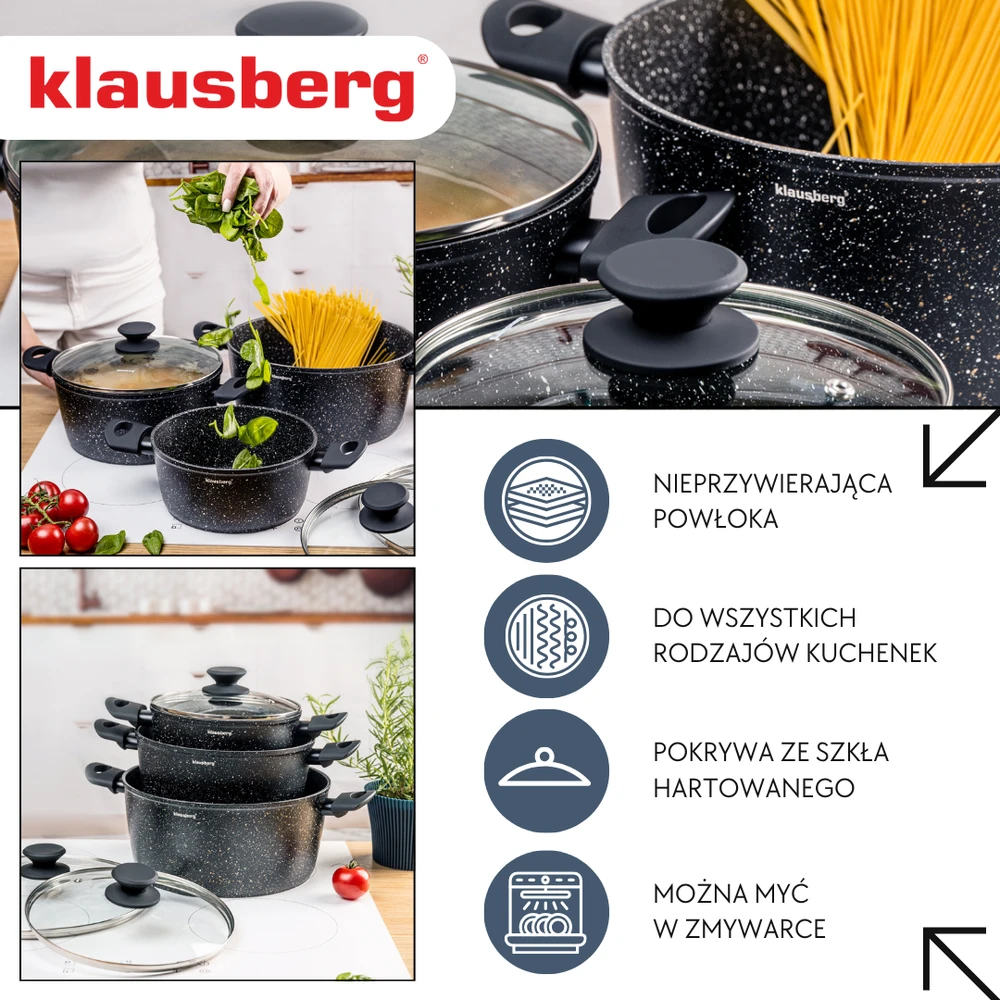 Rinkinys Trijų dalių marmurinių puodų rinkinys su dangčiais, Klausberg kb-7960