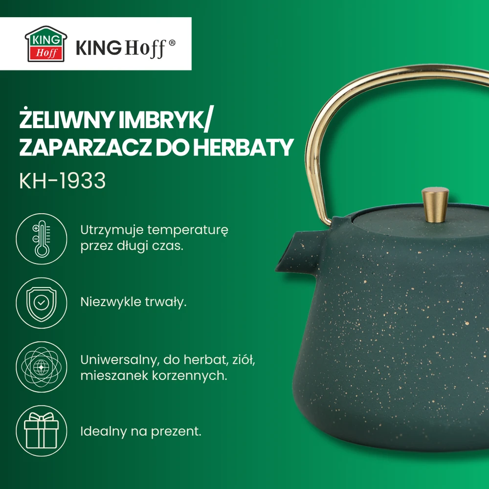 King Hoff Ketaus arbatinukas su sieteliu, emaliuotas vidus, 1 l, žalias su blizgučiais, auksiniais elementais, kinghoff, kh-1933