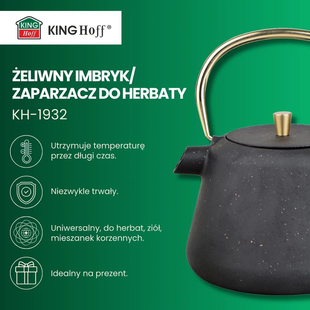 King Hoff Ketaus arbatinukas su sieteliu, emaliuotas vidus, 1 l, juodas su blizgučiais, auksiniais elementais, kinghoff, kh-1932