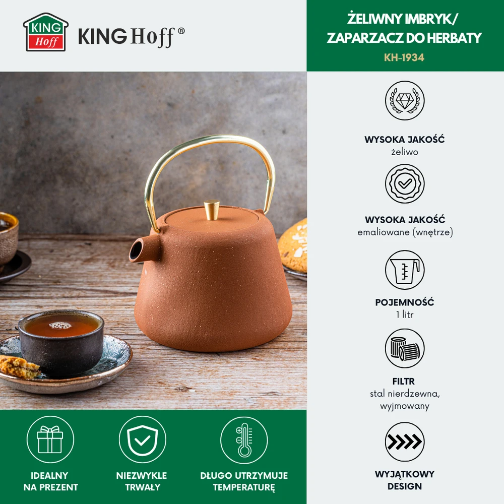 King Hoff Ketaus arbatinukas su sieteliu, emaliuotas vidus, 1 l, surūdijusios spalvos su blizgučiais, aukso detalėmis, kinghoff, kh-1934
