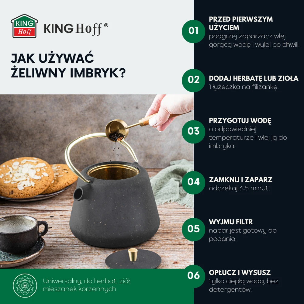 King Hoff Ketaus arbatinukas su sieteliu, emaliuotas vidus, 1 l, juodas su blizgučiais, auksiniais elementais, kinghoff, kh-1932