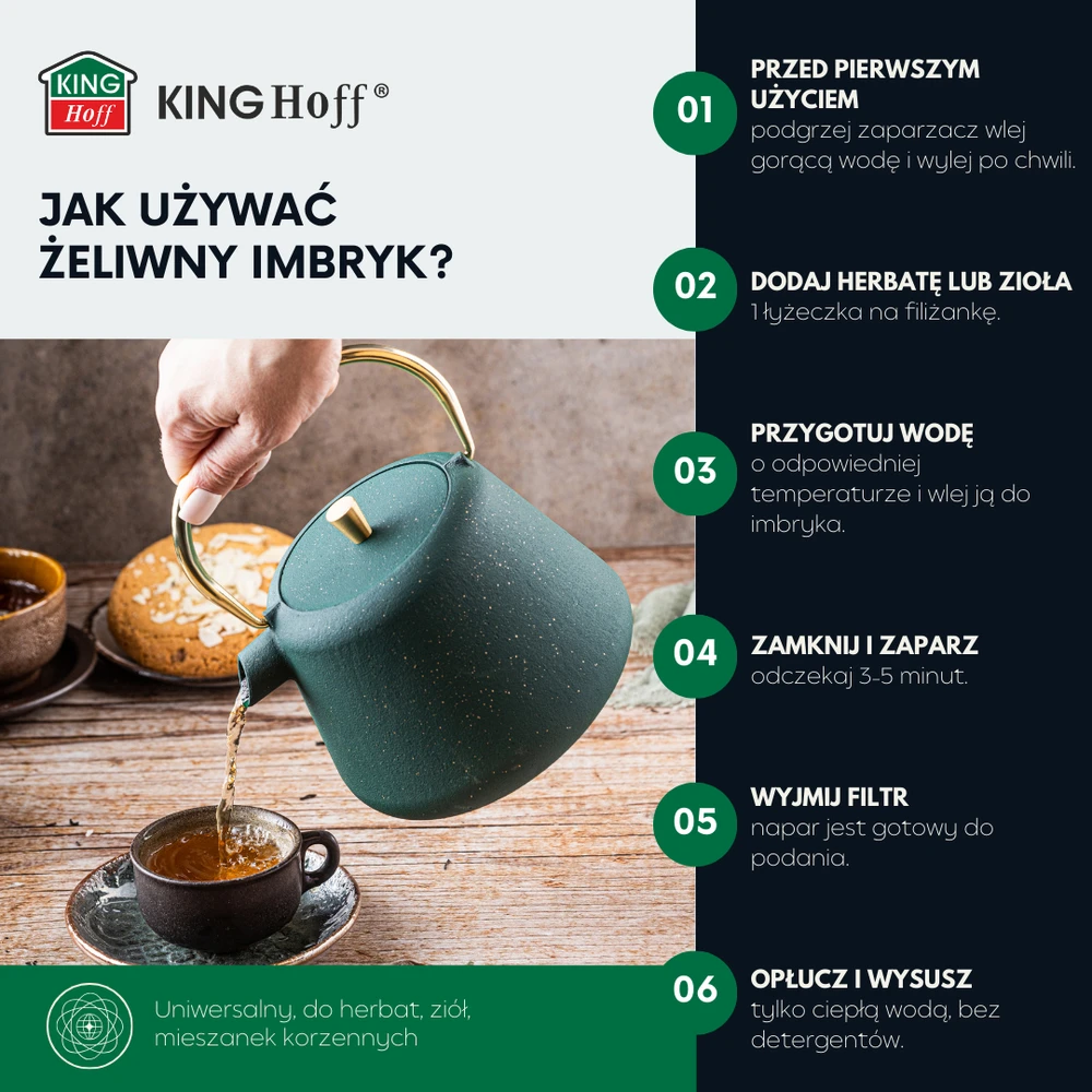 King Hoff Ketaus arbatinukas su sieteliu, emaliuotas vidus, 1 l, žalias su blizgučiais, auksiniais elementais, kinghoff, kh-1933