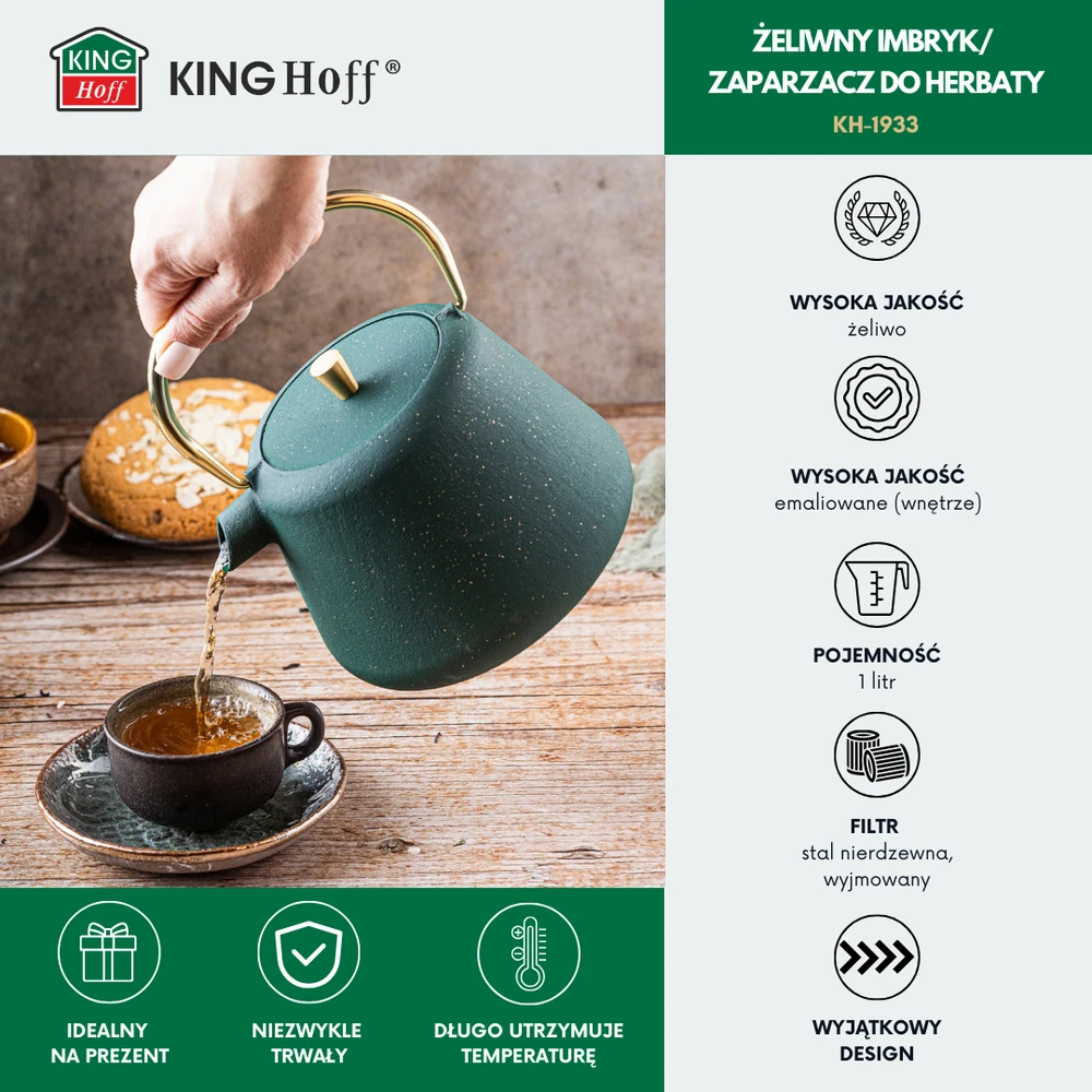 King Hoff Ketaus arbatinukas su sieteliu, emaliuotas vidus, 1 l, žalias su blizgučiais, auksiniais elementais, kinghoff, kh-1933