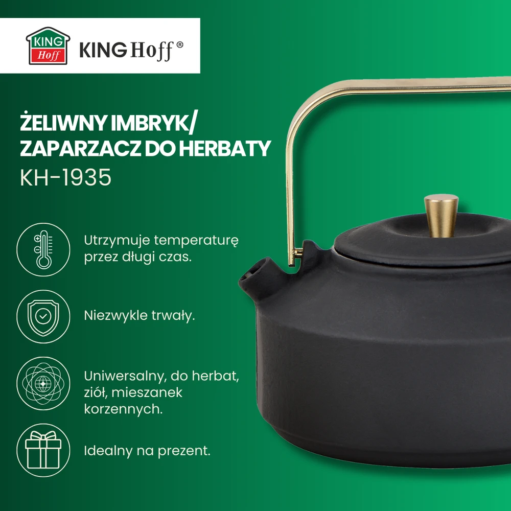 King Hoff Ketaus arbatinukas su sieteliu, emaliuotas vidus, 1 l, juodas su aukso elementais, kinghoff, kh-1935