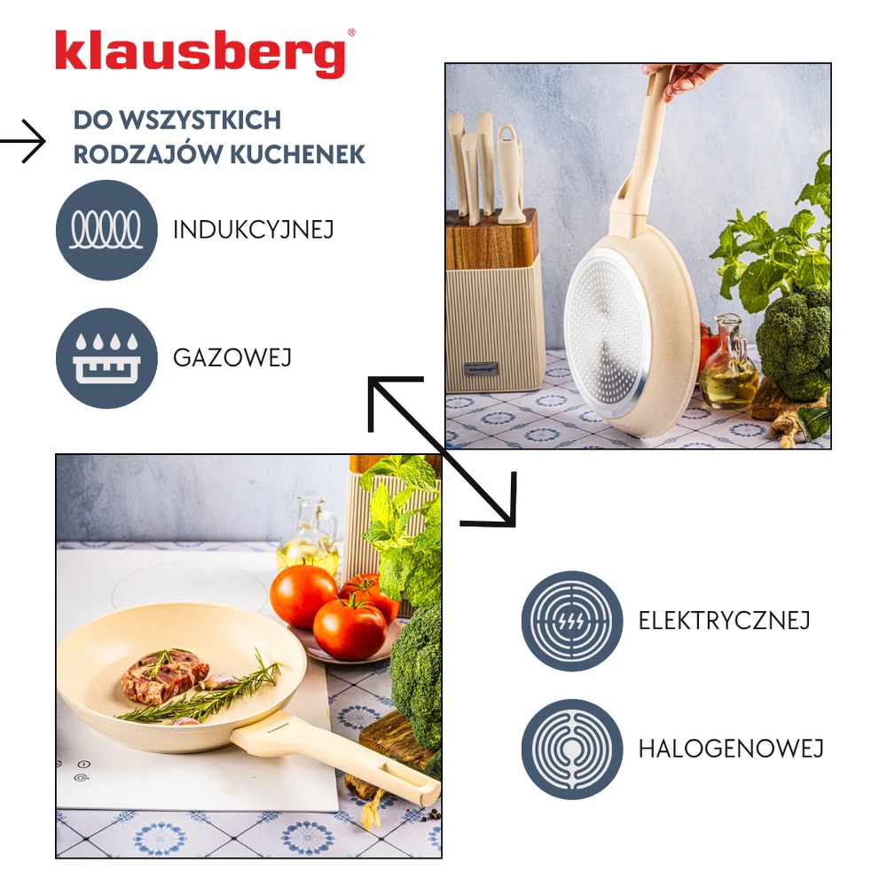 Marmurinė keptuvė 24 cm, kreminė, nelimpanti, klausberg KB-7989