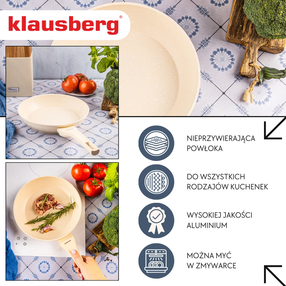 Marmurinė keptuvė 24 cm, kreminė, nelimpanti, klausberg KB-7989