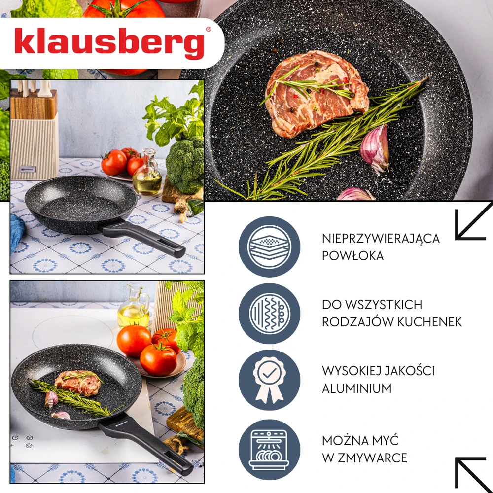 Marmurinė keptuvė 24 cm, juoda, nelimpanti, klausberg KB-7988