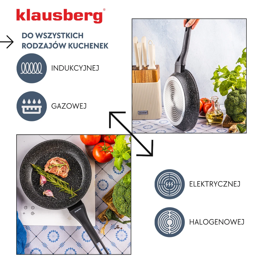 Marmurinė keptuvė 24 cm, juoda, nelimpanti, klausberg KB-7988