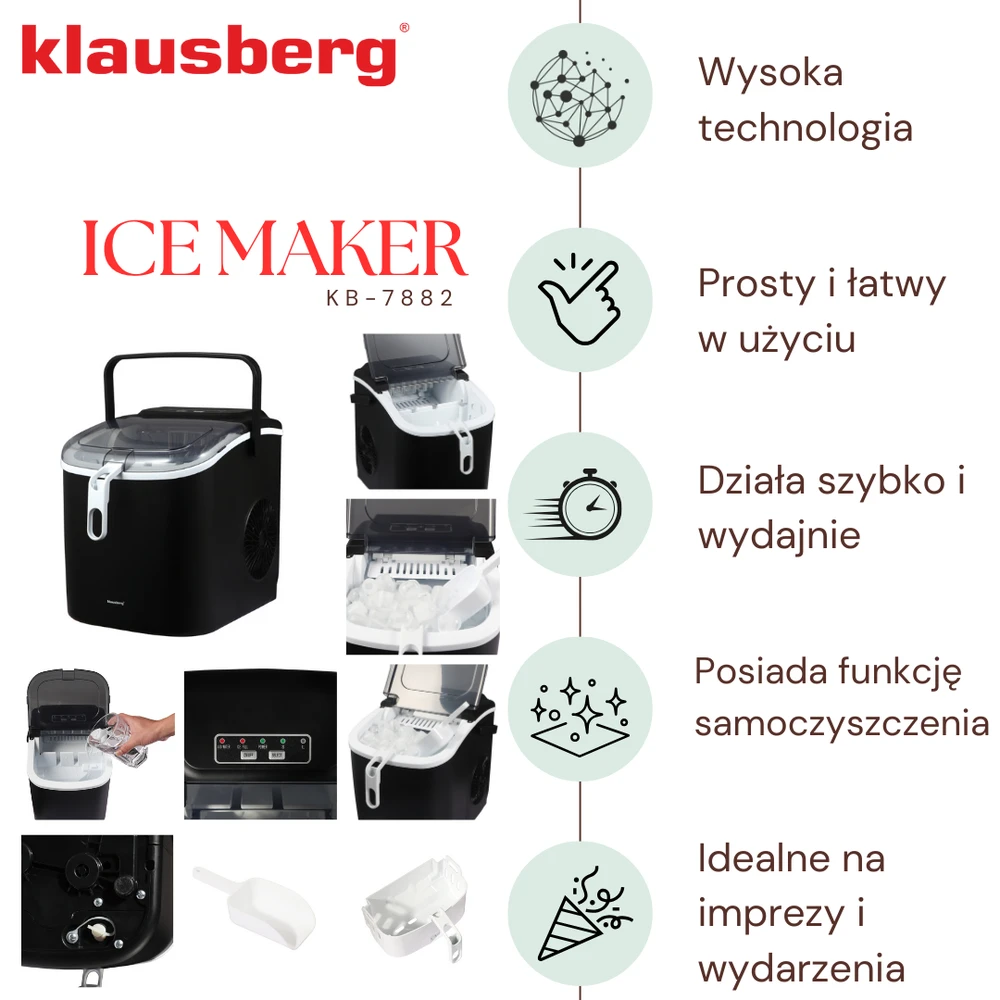 Kostkarka Automatinis ledo gaminimo aparatas, 100 W, LED skydelis, 1,2 l bakas, Klausberg, kb-7882