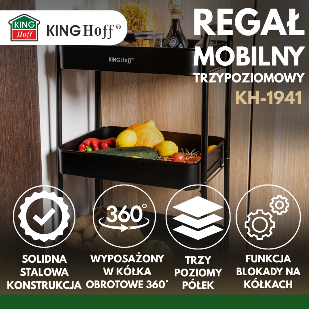 King Hoff Trijų lygių mobili lentynų sistema, juoda, plieno vežimėlis su 360° ratukais, „Kinghoff“, kh-1941