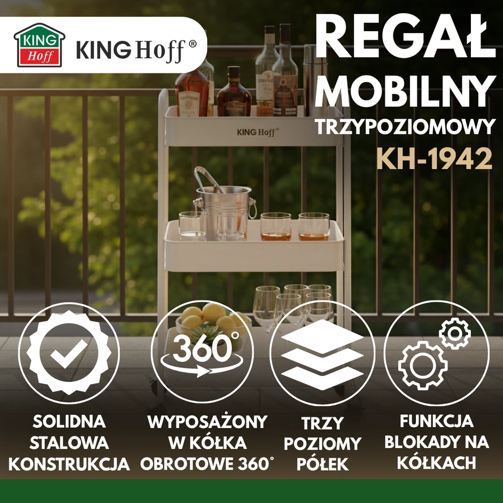 King Hoff Trijų lygių mobili lentyna, balta, plieno vežimėlis su 360° ratukais, „Kinghoff“, kh-1942