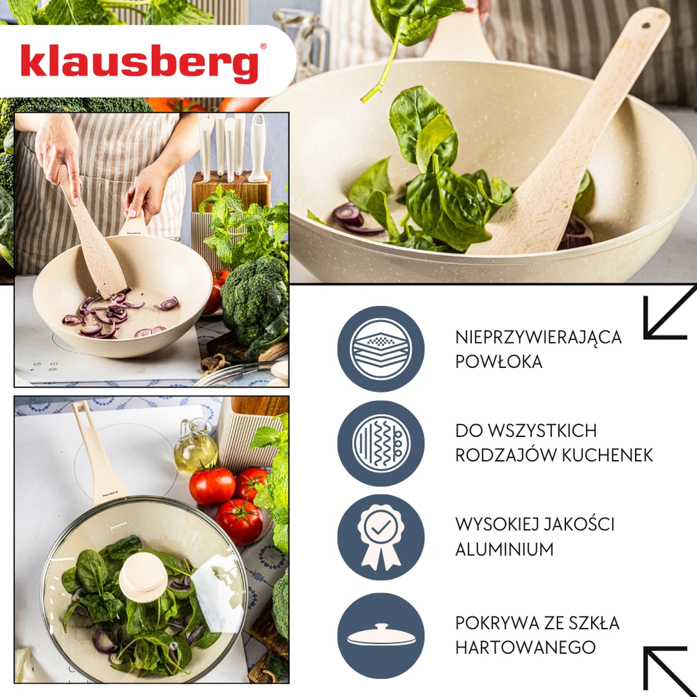 Keptuvė Marmurinė vok keptuvė 28 cm, kreminės spalvos, su dangčiu, klausberg KB-7991