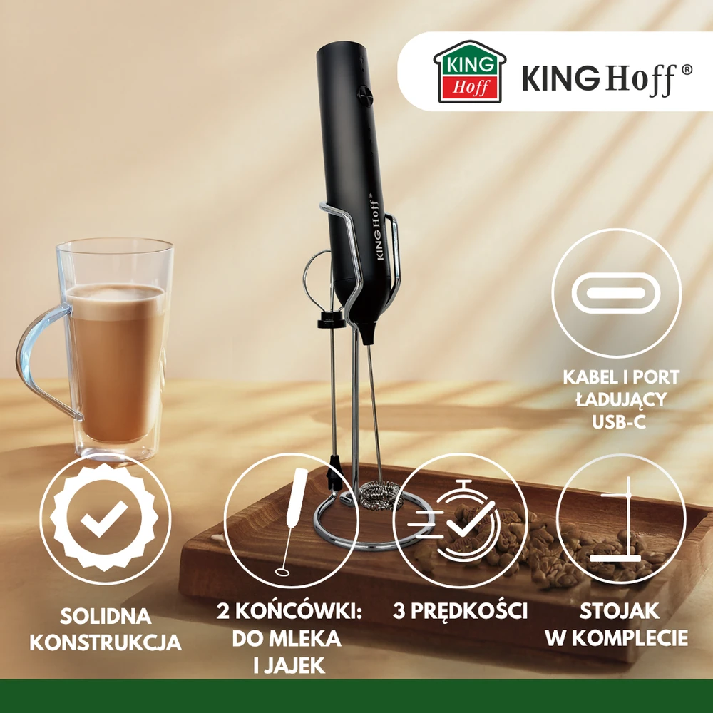 King Hoff Pieno putų plaktuvas, usb-c, 3 prędkości, 2 antgaliai, su stojak, kinghoff