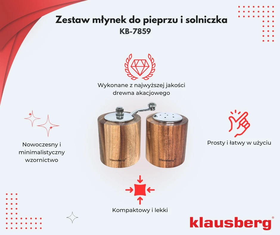 Młynek Pipirų malūnėlis su druskine - rinkinys, akacijos mediena, keraminis mechanizmas, Klausberg, kb-7859