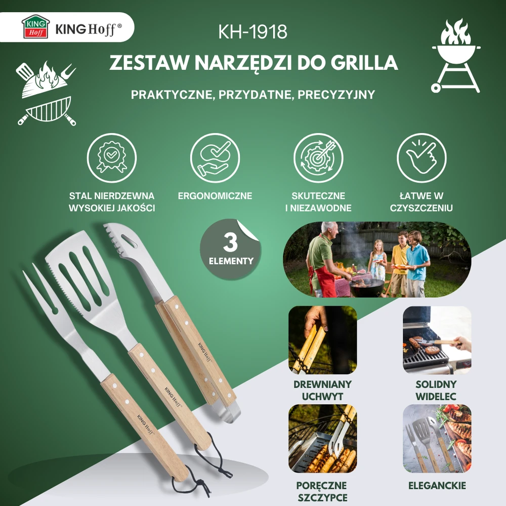 Zestaw Rinkinys Grilio rinkinys, 3 dalys, medinė rankena, nerūdijantis plienas, „Kinghoff“, kh-1918