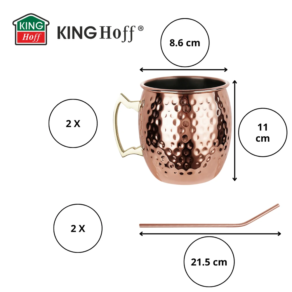 Zestaw Rinkinys „Moscow Mule“ puodelių rinkinys, 2 × 500 ml, 2 šiaudeliai, „Kinghoff“