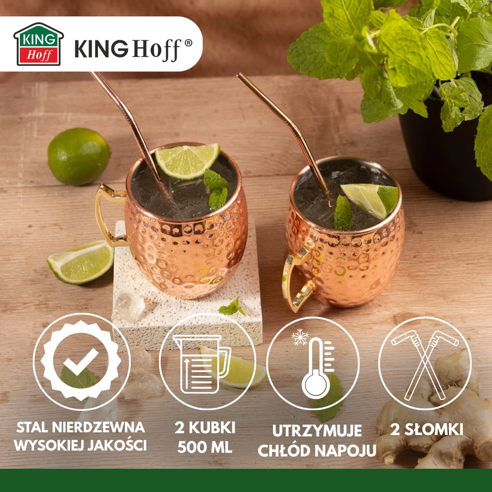 Zestaw Rinkinys „Moscow Mule“ puodelių rinkinys, 2 × 500 ml, 2 šiaudeliai, „Kinghoff“