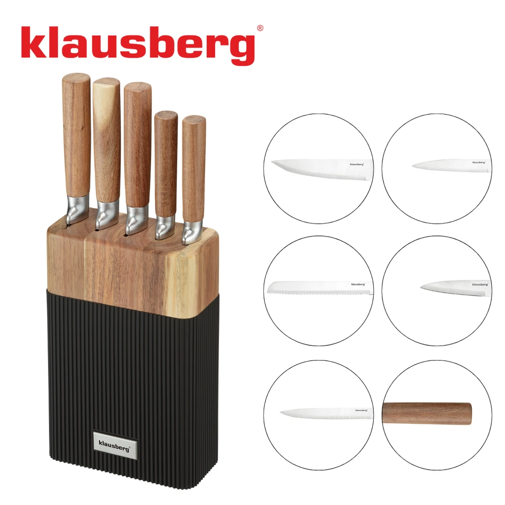 Rinkinys 6 dalių peilių rinkinys su akacijos blokeliu, nerūdijančio plieno, Klausberg, kb-7981