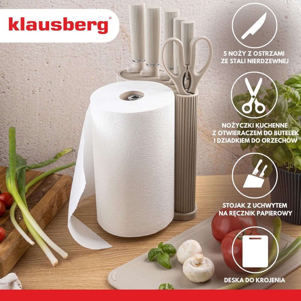 Rinkinys 8 dalių peilių rinkinys su lenta ir rankšluosčių laikikliu, smėlio spalvos, Klausberg, kb-7978