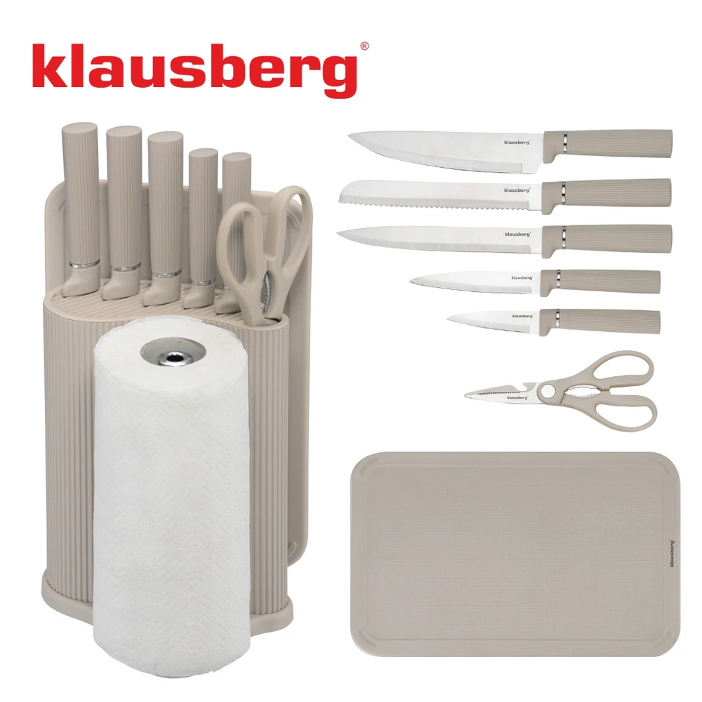 Rinkinys 8 dalių peilių rinkinys su lenta ir rankšluosčių laikikliu, smėlio spalvos, Klausberg, kb-7978