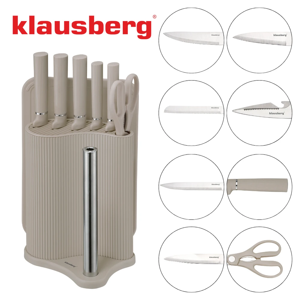 Rinkinys 8 dalių peilių rinkinys su lenta ir rankšluosčių laikikliu, smėlio spalvos, Klausberg, kb-7978