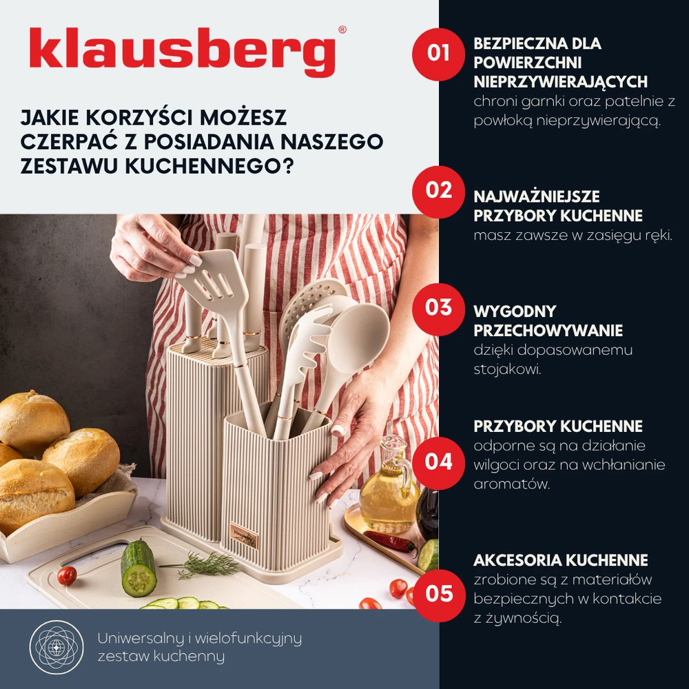 Kaitlentė Rinkinys Peilių ir virtuvės įrankių rinkinys su lenta, 12 dalių, smėlio spalvos, Klausberg, kb-7935