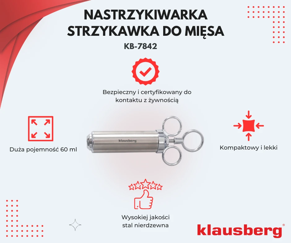 Kaitlentė Strzykawka- Mėsos marinavimo švirkštas, rinkinys su 3 adatomis ir priedais, nerūdijantis plienas, 60 ml, Klausberg, KB-7842
