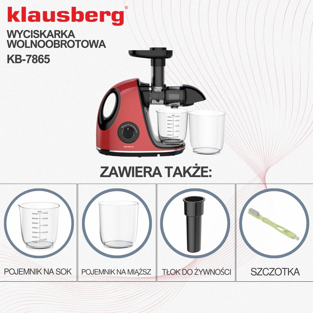 Sulčiaspaudė Lėtaeigė sulčiaspaudė vaisiams ir daržovėms, horizontali su rankena, 150 W, vyšninės raudonos spalvos, Klausberg, kb-7865