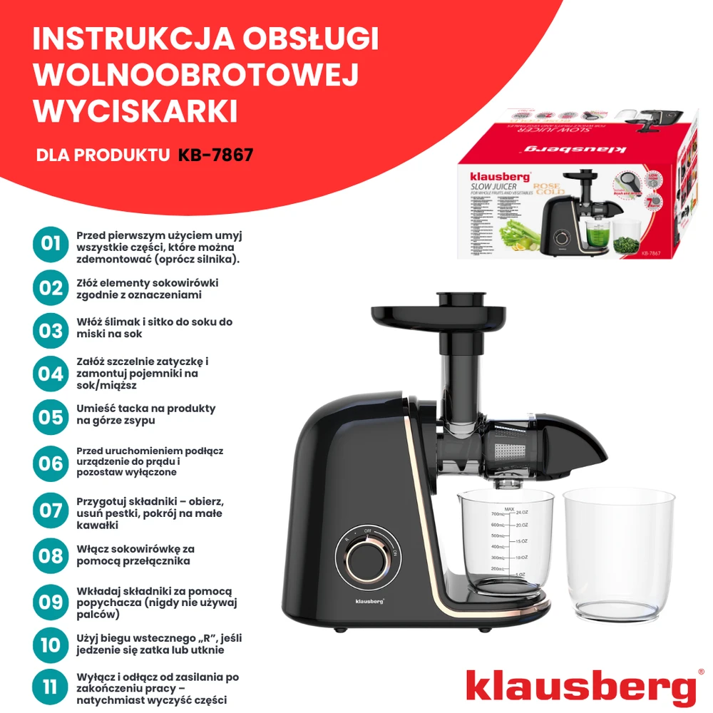 Sulčiaspaudė Lėtaeigė sulčiaspaudė vaisiams ir daržovėms, horizontali, juoda su rožinio aukso elementais, 150 W, Klausberg, kb-7867