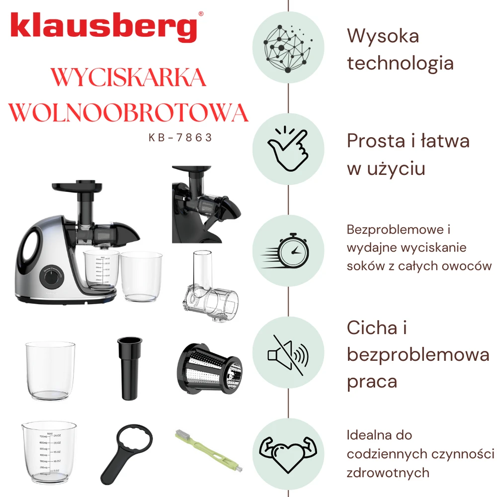 Sulčiaspaudė Lėta sulčiaspaudė vaisiams ir daržovėms, horizontali su rankena, 150 W, pilka, Klausberg, kb-7863
