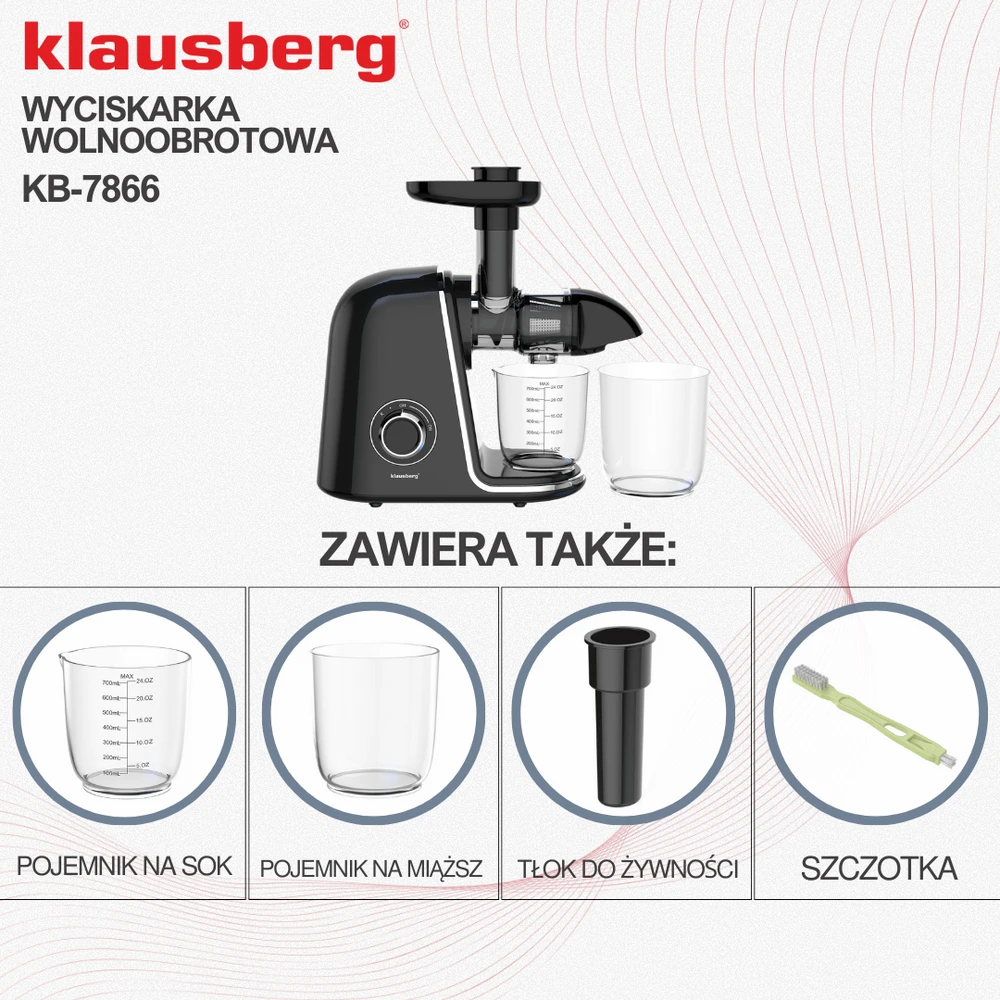 Sulčiaspaudė Lėtaeigė sulčiaspaudė vaisiams ir daržovėms, horizontali, juoda su sidabro elementais, 150 W, Klausberg, kb-7866