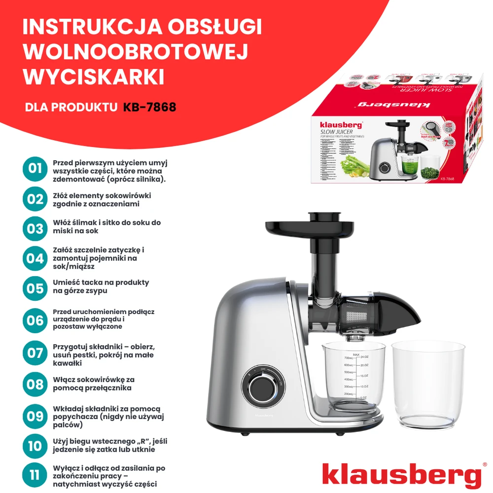 Sulčiaspaudė Lėtaeigė sulčiaspaudė vaisiams ir daržovėms, horizontali, pilka, 150 W, Klausberg, kb-7868