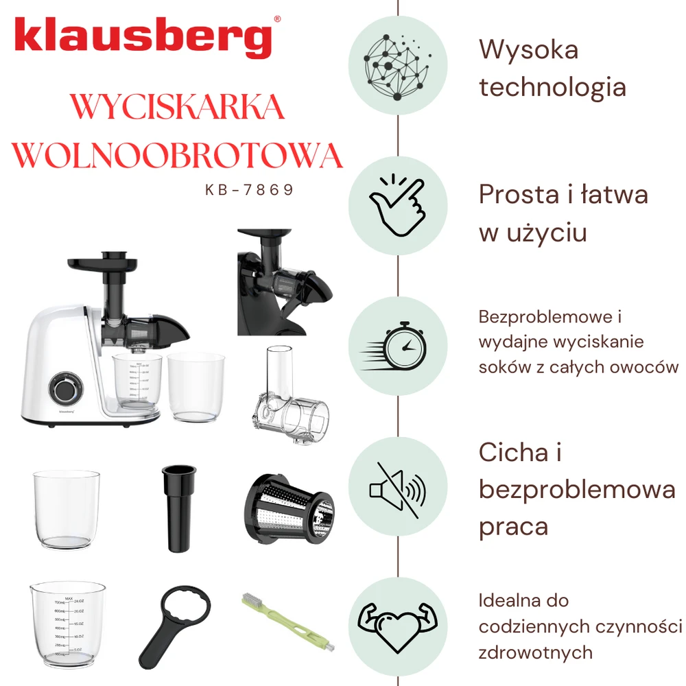 Sulčiaspaudė Lėtaeigė sulčiaspaudė vaisiams ir daržovėms, horizontali, balta, 150 W, Klausberg KB-7869
