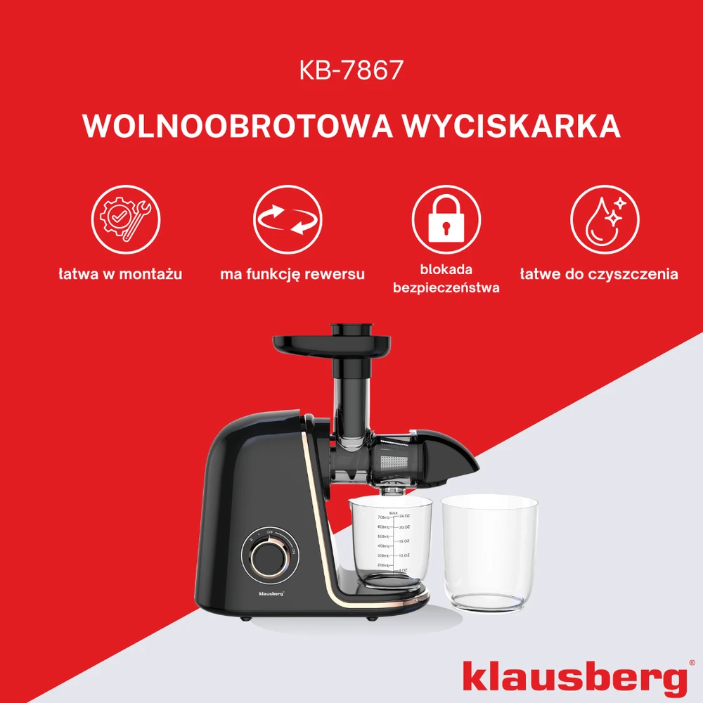 Sulčiaspaudė Lėtaeigė sulčiaspaudė vaisiams ir daržovėms, horizontali, juoda su rožinio aukso elementais, 150 W, Klausberg, kb-7867