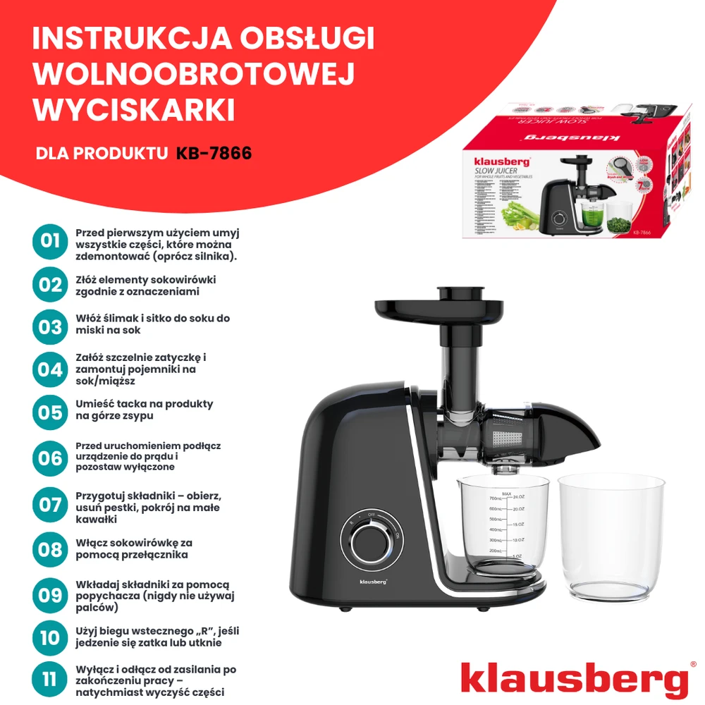 Sulčiaspaudė Lėtaeigė sulčiaspaudė vaisiams ir daržovėms, horizontali, juoda su sidabro elementais, 150 W, Klausberg, kb-7866