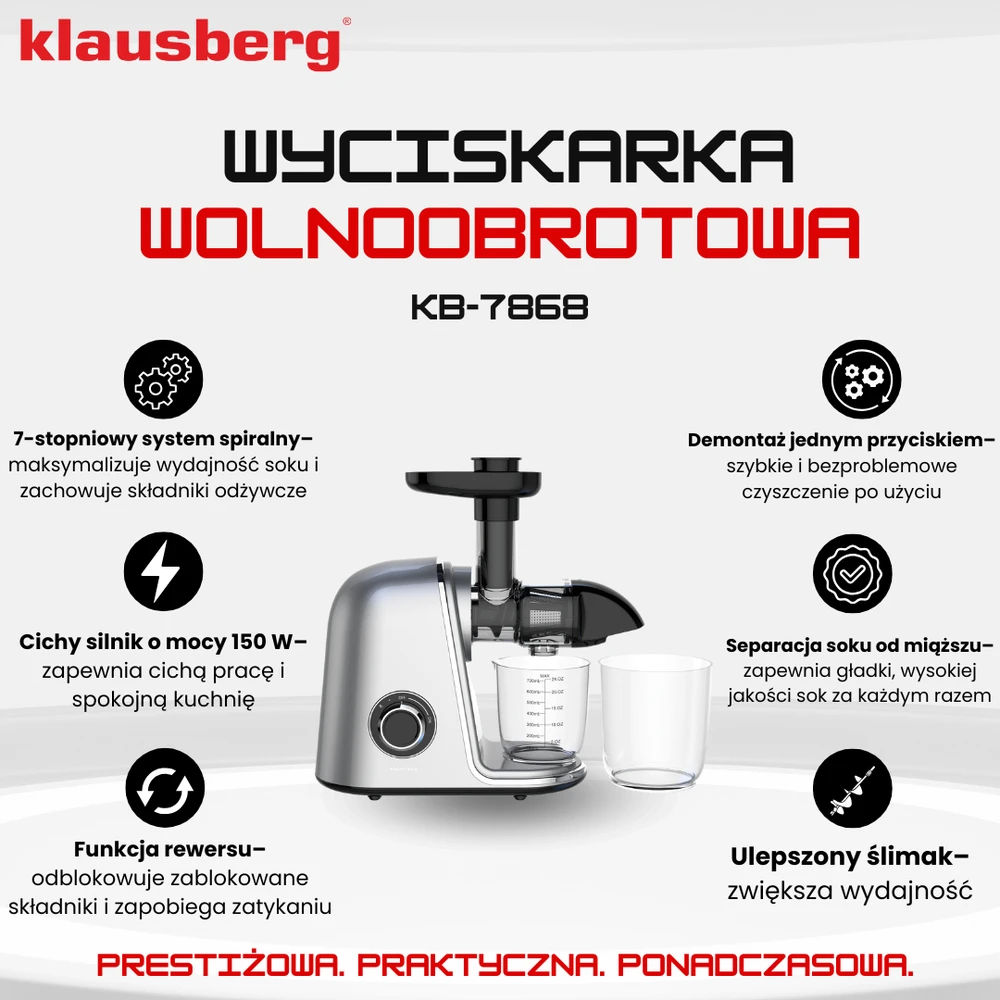 Sulčiaspaudė Lėtaeigė sulčiaspaudė vaisiams ir daržovėms, horizontali, pilka, 150 W, Klausberg, kb-7868