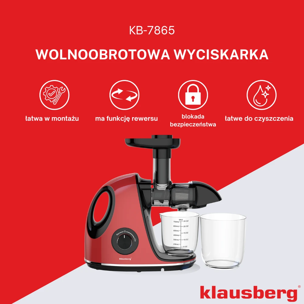 Sulčiaspaudė Lėtaeigė sulčiaspaudė vaisiams ir daržovėms, horizontali su rankena, 150 W, vyšninės raudonos spalvos, Klausberg, kb-7865
