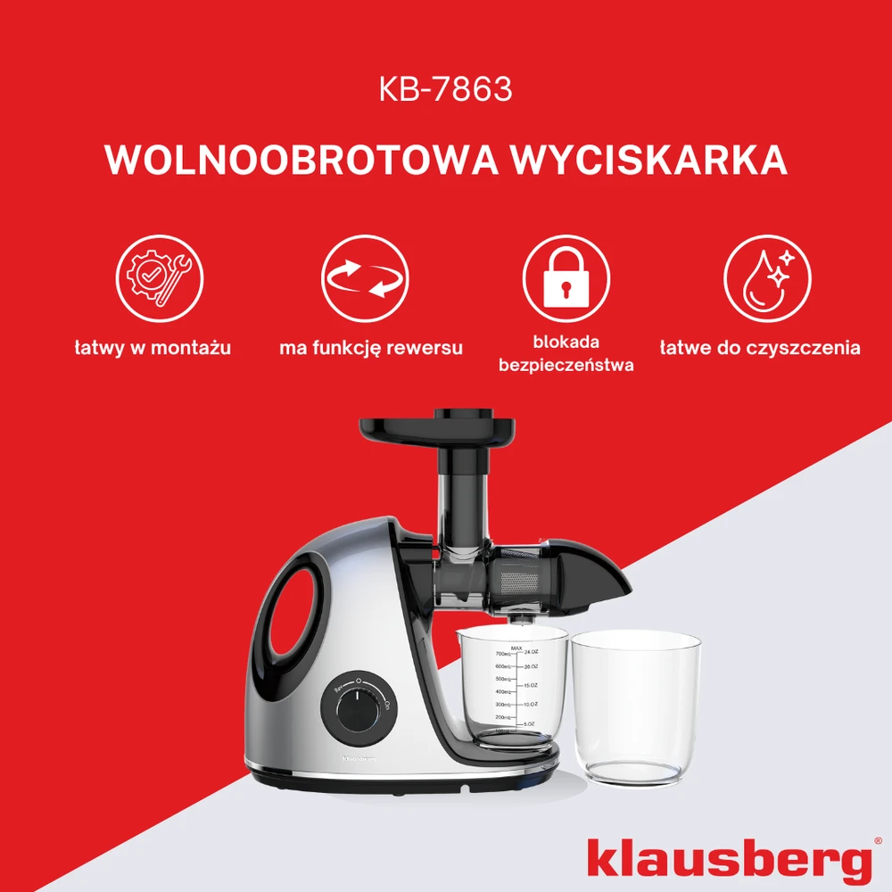 Sulčiaspaudė Lėta sulčiaspaudė vaisiams ir daržovėms, horizontali su rankena, 150 W, pilka, Klausberg, kb-7863