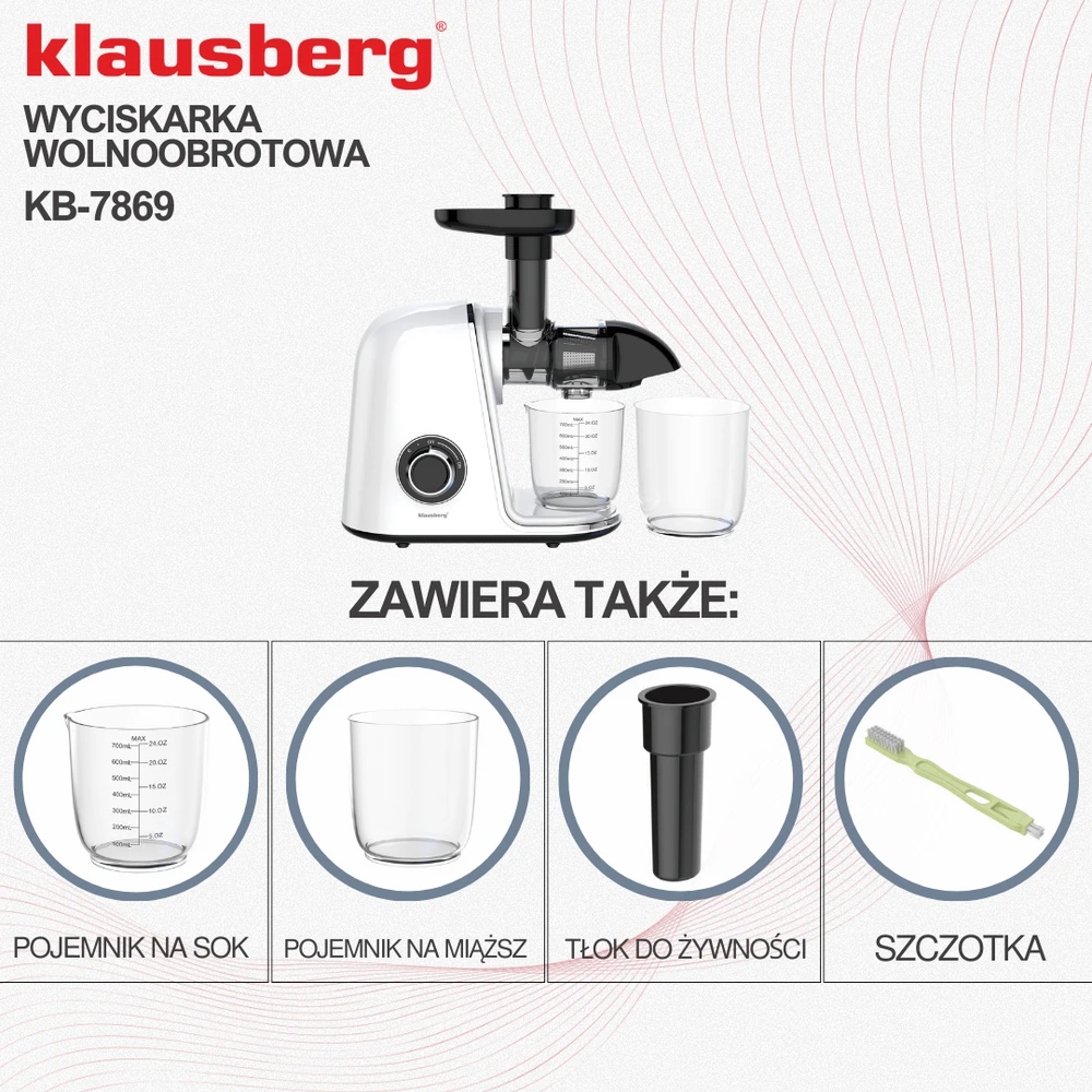 Sulčiaspaudė Lėtaeigė sulčiaspaudė vaisiams ir daržovėms, horizontali, balta, 150 W, Klausberg KB-7869