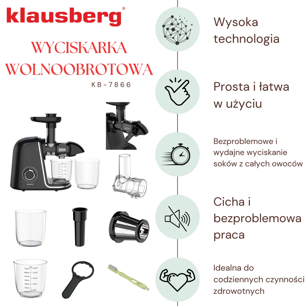 Sulčiaspaudė Lėtaeigė sulčiaspaudė vaisiams ir daržovėms, horizontali, juoda su sidabro elementais, 150 W, Klausberg, kb-7866