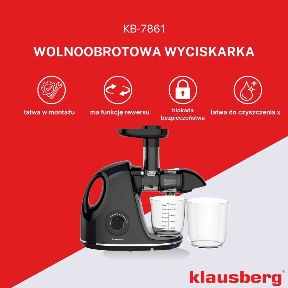 Sulčiaspaudė Lėta sulčiaspaudė vaisiams ir daržovėms, horizontali su rankena, 150 W, juoda, Klausberg, kb-7861