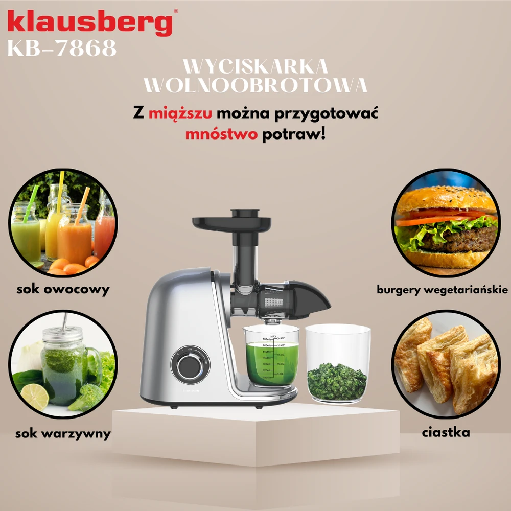 Sulčiaspaudė Lėtaeigė sulčiaspaudė vaisiams ir daržovėms, horizontali, pilka, 150 W, Klausberg, kb-7868