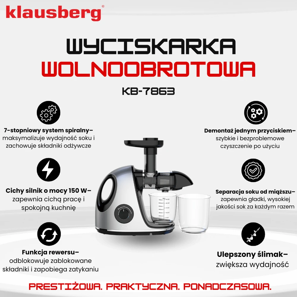Sulčiaspaudė Lėta sulčiaspaudė vaisiams ir daržovėms, horizontali su rankena, 150 W, pilka, Klausberg, kb-7863