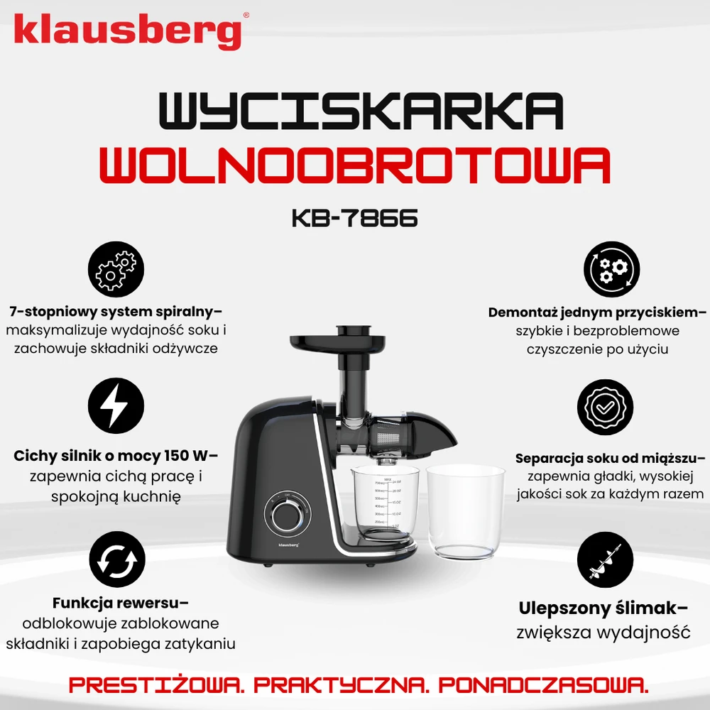 Sulčiaspaudė Lėtaeigė sulčiaspaudė vaisiams ir daržovėms, horizontali, juoda su sidabro elementais, 150 W, Klausberg, kb-7866