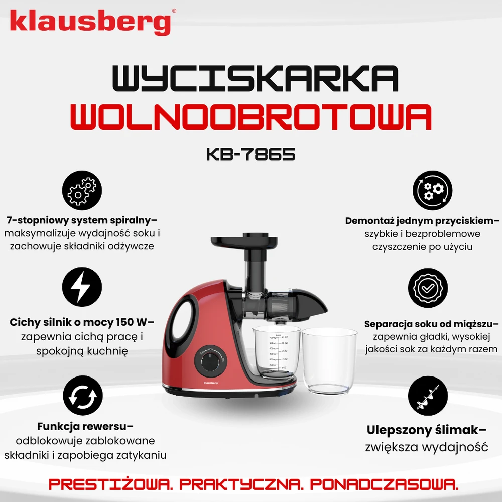 Sulčiaspaudė Lėtaeigė sulčiaspaudė vaisiams ir daržovėms, horizontali su rankena, 150 W, vyšninės raudonos spalvos, Klausberg, kb-7865