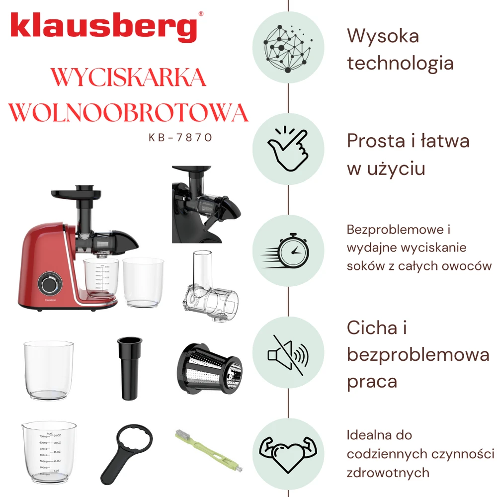 Sulčiaspaudė Lėtaeigė sulčiaspaudė vaisiams ir daržovėms, horizontali, vyšninės raudonos spalvos, 150 W, klausberg KB-7870