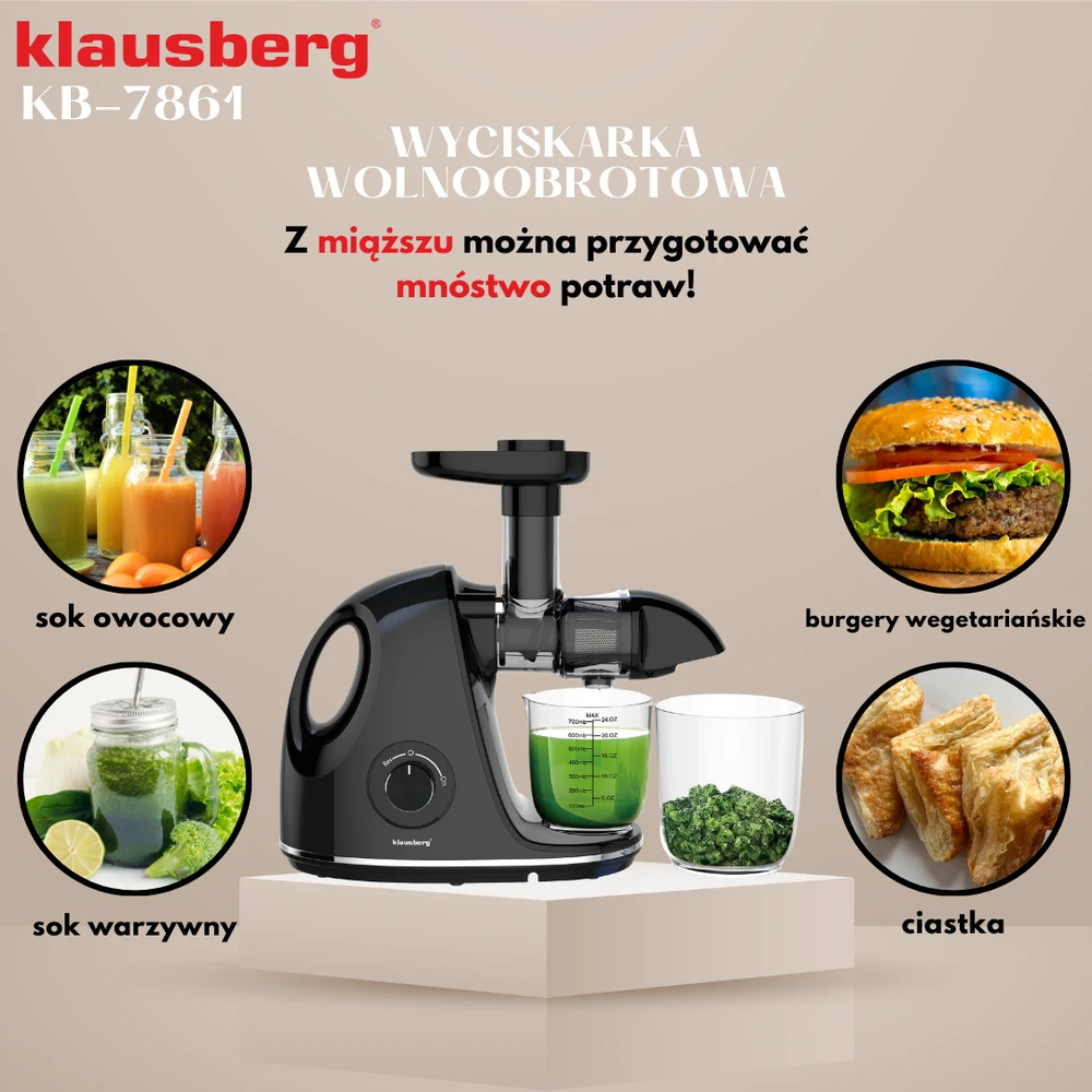 Sulčiaspaudė Lėta sulčiaspaudė vaisiams ir daržovėms, horizontali su rankena, 150 W, juoda, Klausberg, kb-7861