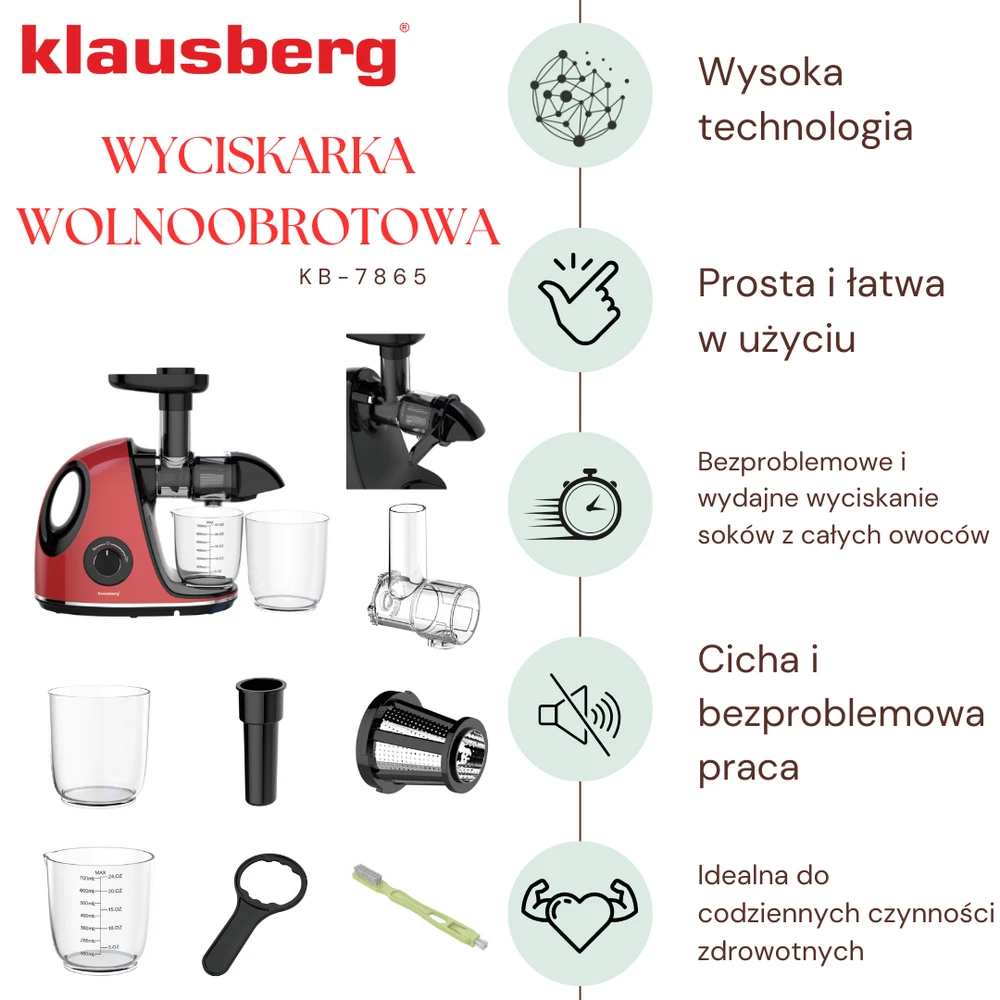 Sulčiaspaudė Lėtaeigė sulčiaspaudė vaisiams ir daržovėms, horizontali su rankena, 150 W, vyšninės raudonos spalvos, Klausberg, kb-7865