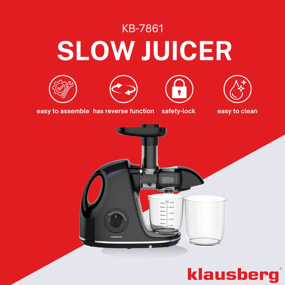 Sulčiaspaudė Lėta sulčiaspaudė vaisiams ir daržovėms, horizontali su rankena, 150 W, juoda, Klausberg, kb-7861
